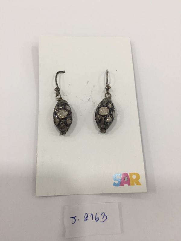  925 Sterling Silver Diamond Earring - Polki Diamond  -  J-2163