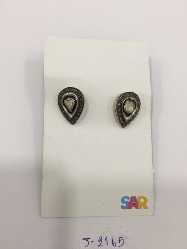  925 Sterling Silver Diamond Earring With  Polki Diamond In Victorian Style - J-2166