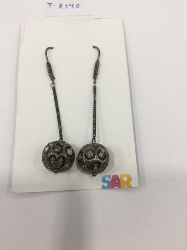  925 Sterling Silver Diamond Earring, Black Rhodium Plated In Victorian Style - J-2170