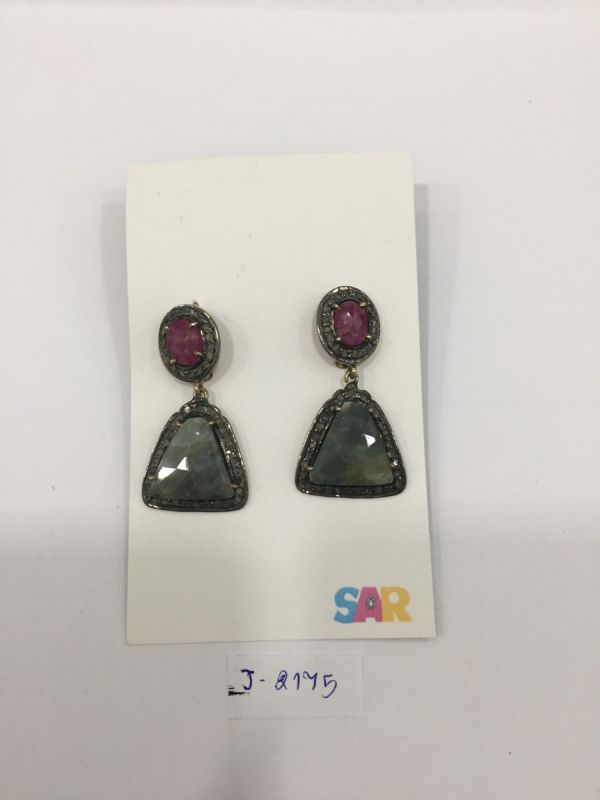  925 Sterling Silver Diamond Earring Studded With Natural Sapphire Stone - J-2175