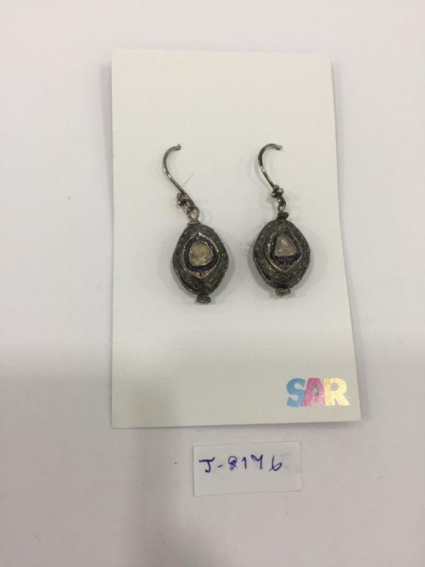  925 Sterling Silver Diamond Earring In Victorian Style with  Polki Diamond - J-2176