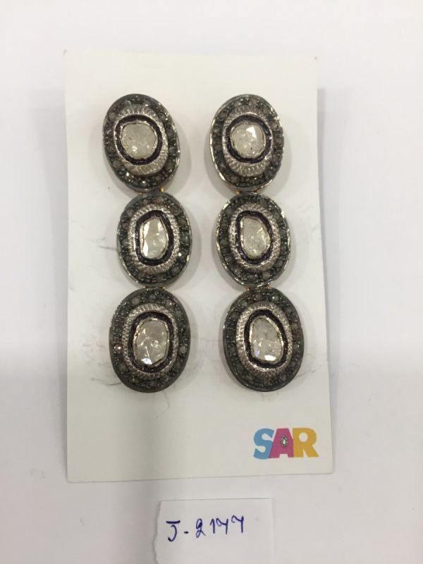  925 Sterling Silver Diamond Earring - Polki Diamond - J-2177