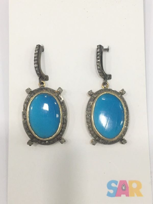  925 Sterling Silver Diamond Earring  Studded With  Natural Sky Blue Chalcedony  - J-2195