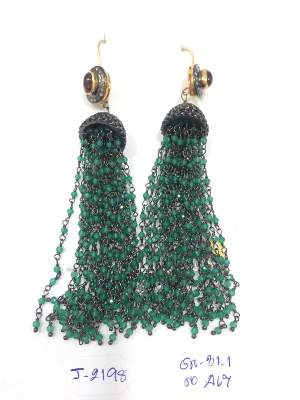  925 Sterling Silver Diamond Earring With Green Sapphire and Natural Diamonds   - J-2198