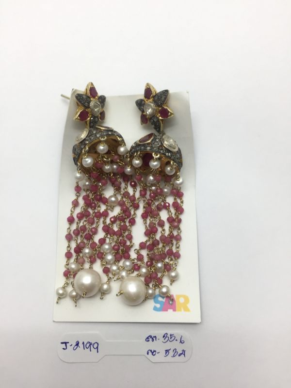  925 Sterling Silver Diamond Earring With Green Sapphire and Natural Diamonds   - J-2199