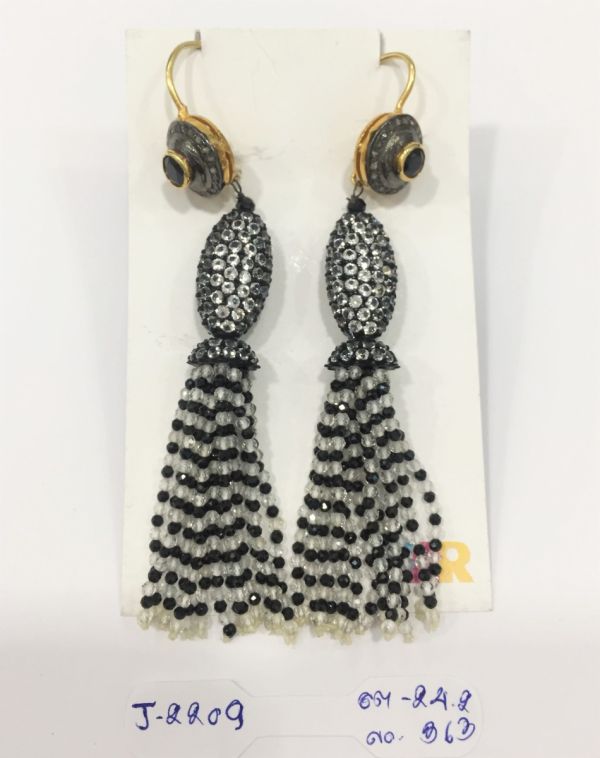  925 Sterling Silver Diamond Earring  - Black Spinel, Crystal  Stone  - J-2209
