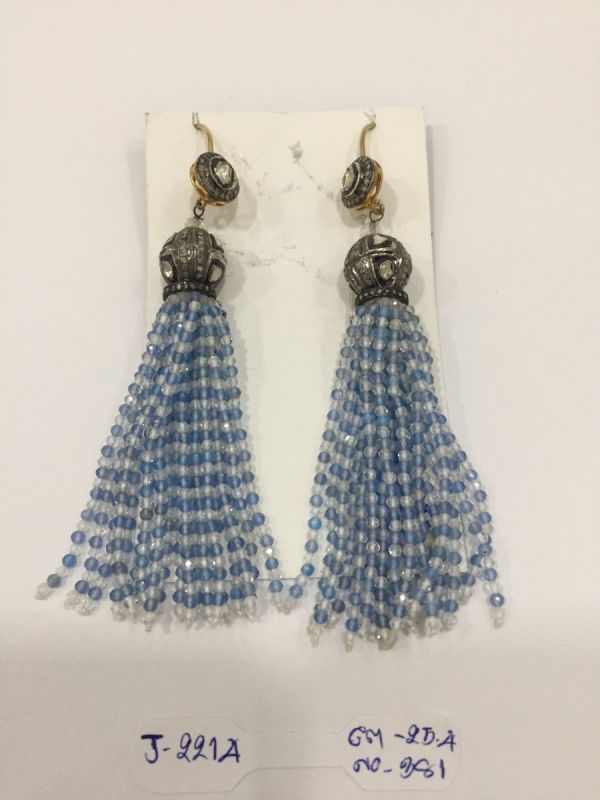  925 Sterling Silver Diamond Earring Studded With Rose Cut Diamond And Apatite, Crystal   - J-2214