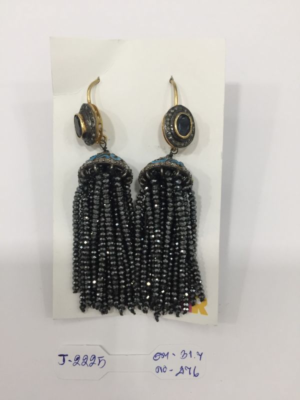  925 Sterling Silver Diamond Earring Studded With Black Spinel, Kyanite Stone - J-2225