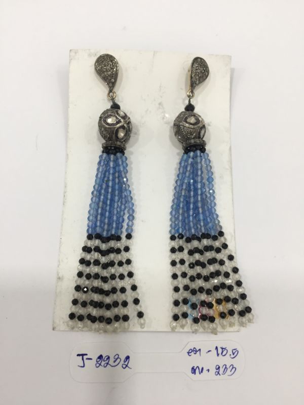  925 Sterling Silver Diamond Earring With Polki Diamond And Crystal, Blue Topaz, Black Spinel Stone   - J-2232