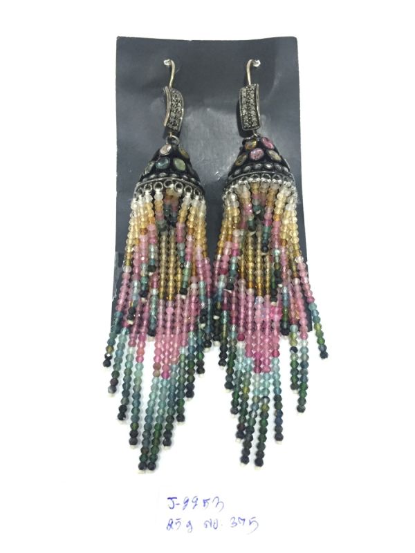  925 Sterling Silver Diamond Earring -  Rose Cut Diamond, And Multi Tourmaline Stone  - J-2253
