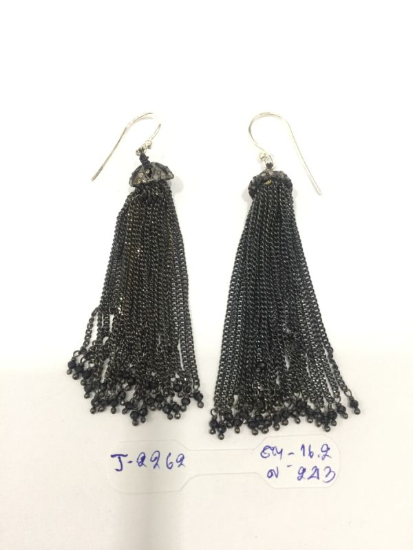  925 Sterling Silver Diamond Earring - Rose Cut Diamond, And Black Spinel Stone  - J-2262