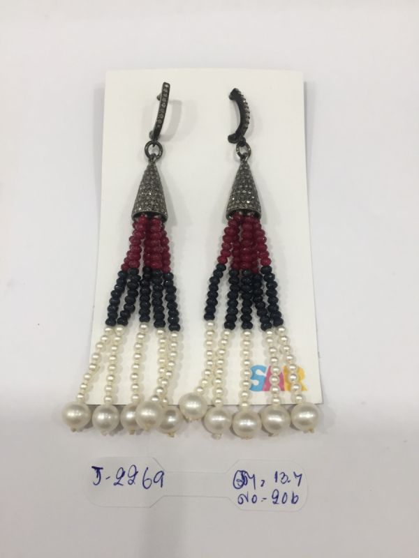  925 Sterling Silver Diamond Earring -  Rose Cut Diamond, And Ruby, Sapphire, Pearl Stone   - J-2269