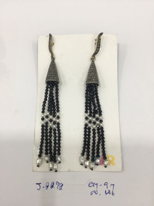  925 Sterling Silver Diamond Earring  Studded With Black Spinel, Pearl  Stone    - J-2272
