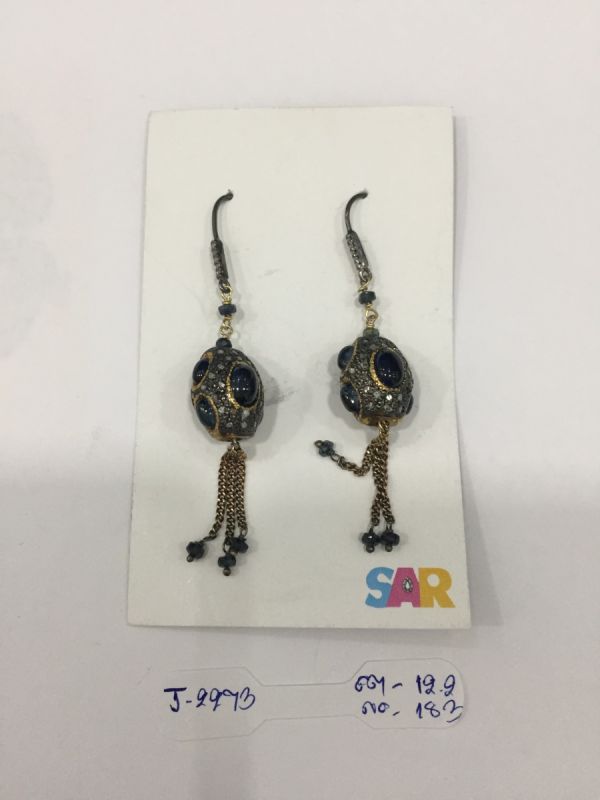  925 Sterling Silver Diamond Earring - Rose Cut Diamond, And Sapphire  Stone - J-2273