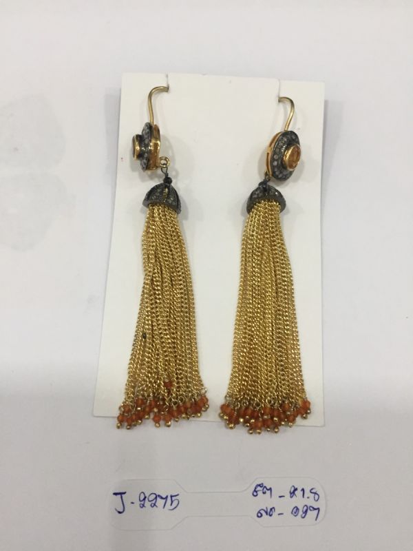  925 Sterling Silver Diamond Earring - Rose Cut Diamond, And Citrine, Carnelian  Stone   - J-2275