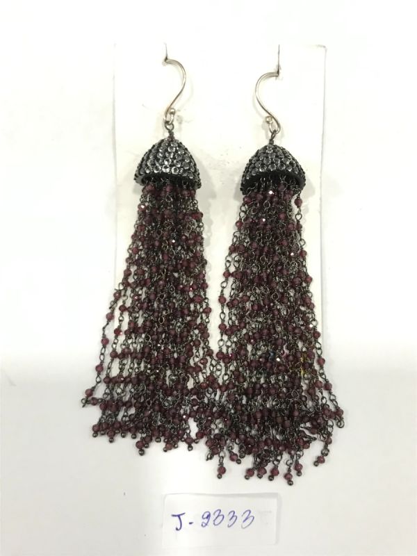  925 Sterling Silver Diamond Earring - Rose Cut Diamond, And  Garnet Stone   - J-2333
