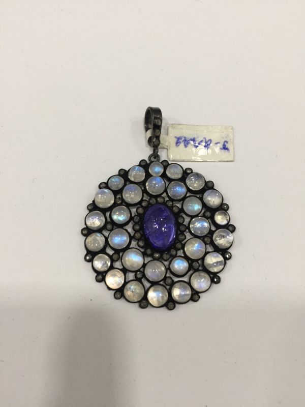 Victorian Jewelry, Silver Diamond Pendant With Rose Cut Diamond, And Tanzanite, Rainbow Moonstone Stone Studded In 925 Sterling Silver, Black Rhodium Plating. J-2442