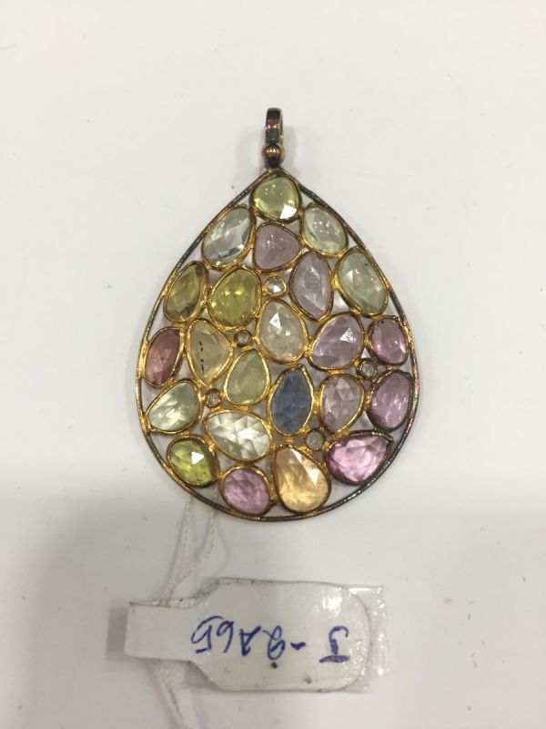 Victorian Jewelry, Silver Diamond Pendant With Rose Cut Diamond, And Tourmaline Stone Studded In 925 Sterling Silver, Gold/Black Rhodium Plating. J-2465