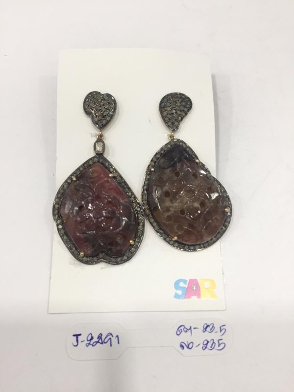 Victorian Jewelry, Silver Diamond Earring With Rose Cut Diamond, And Sapphire Stone Studded In 925 Sterling Silver, Gold/Black Rhodium Plating. J-2491