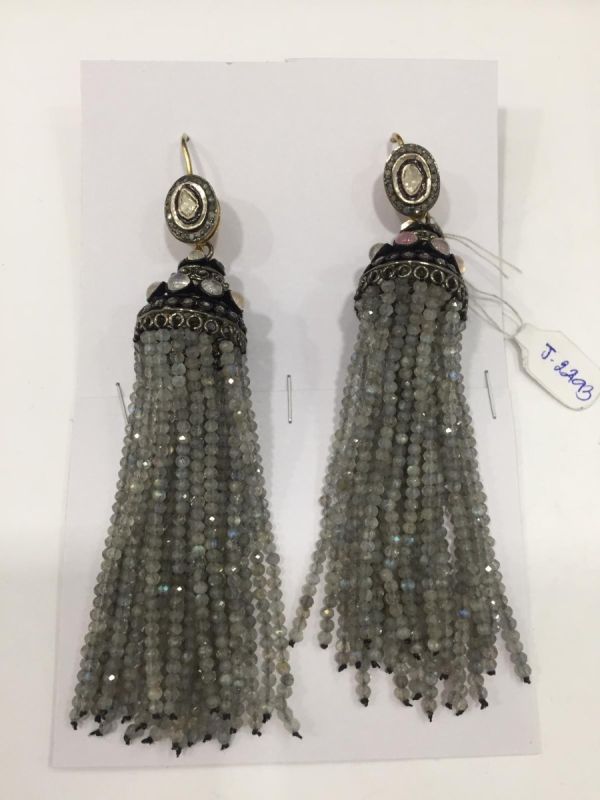 Victorian Jewelry, Silver Diamond Earring With Polki Diamond, And  Labradorite Stone Studded In 925 Sterling Silver, Gold/Black Rhodium Plating. J-2493