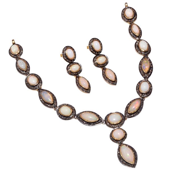 925 Sterling Silver Diamond Necklace With Rose Cut Diamond, Opal - J-2512