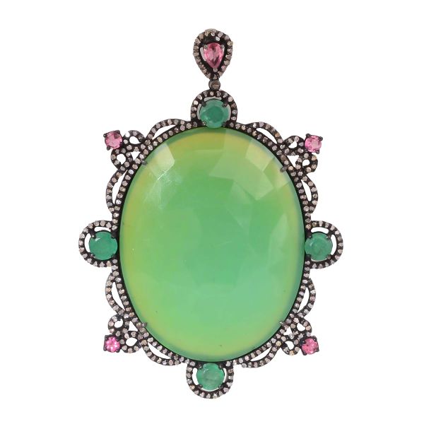 925 Sterling Silver Black Rhodium Plated Diamond Pendant - Antique and Natural Green Onyx ,J-316