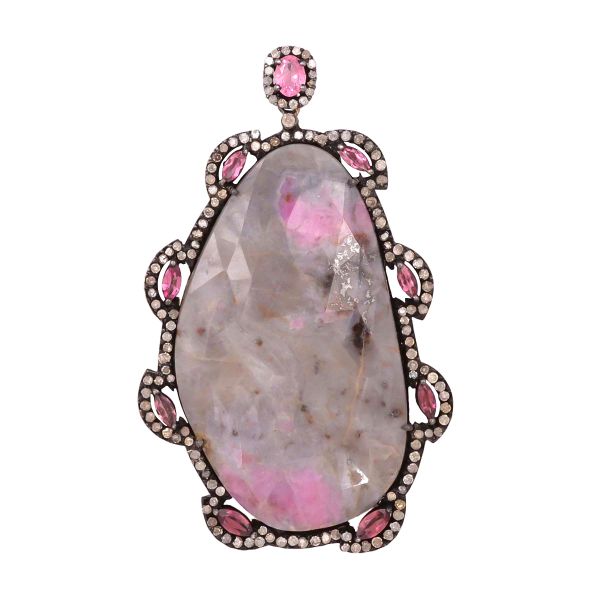 925 Sterling Silver Diamond Pendant -  Antique, Natural Sapphire -  J-322
