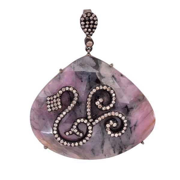 925 Sterling Silver  Diamond Pendant With Antique,  Natural Sapphire -  J-333 