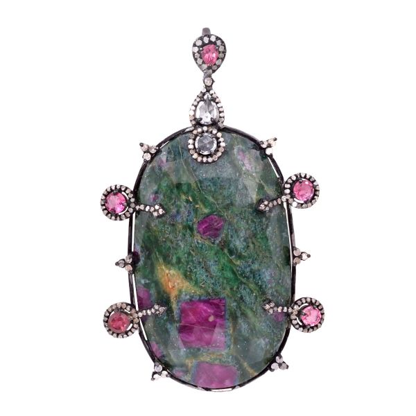 925 Sterling Silver Diamond Pendant With Natural Jasper -  J-341