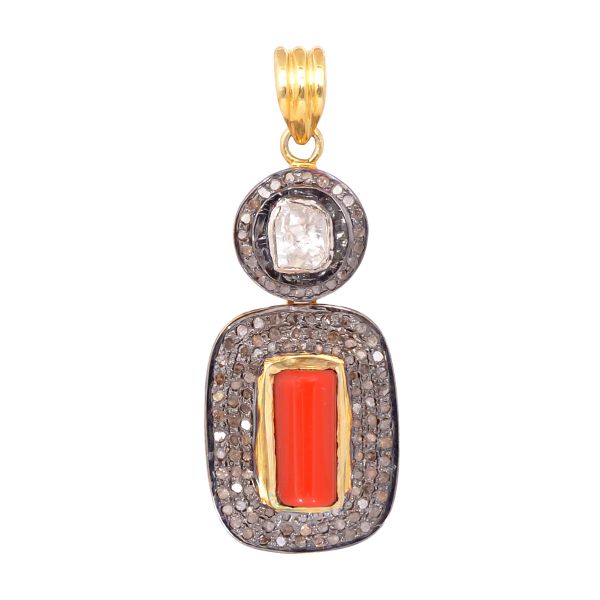 925 Sterling Silver Diamond Pendant in Antique , Natural Coral -  J-344