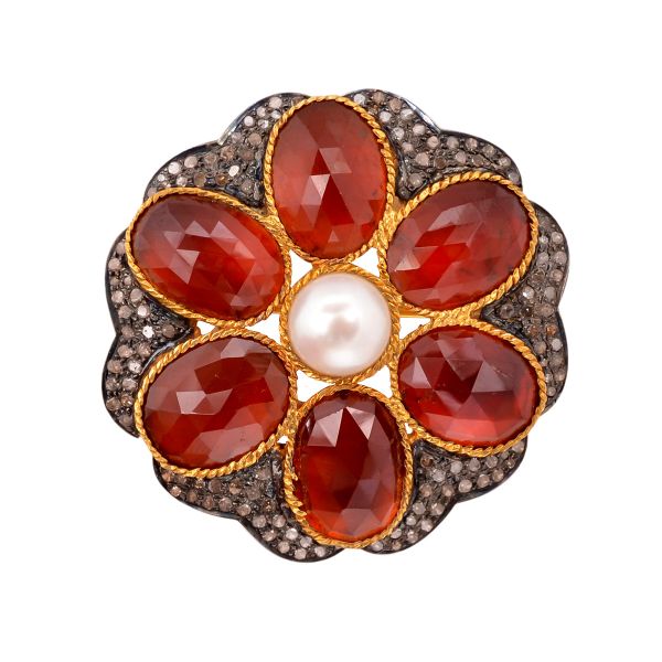 Handmade 925 Sterling Silver Pendant With Diamond, Pearl And Hessonite Garnet - J-381 
