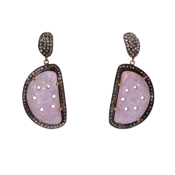 Victorian Style 925 Sterling Silver Diamond Earring With Sapphire Stone, Gold Plated. J-502