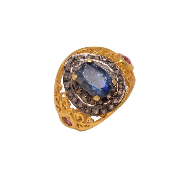 Victorian Jewelry, Silver Diamond Ring With Rose Cut Diamond And Ruby, Kyanite Stone Studded  In 925 Sterling Silver Gold, Black Rhodium Plating. J-857