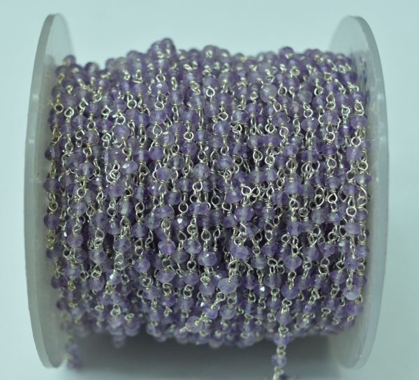  Rosary Chain Studded With Amethyst Stone in 2mm size, Sold By Foot - 925 Sterling Silver Gold,ROS2-5008