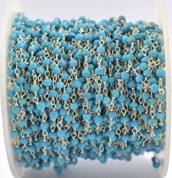 Gorgeous Turquoise 925 Sterling Silve Roundel Rosary Chain in 2mm Size, Sold By Foot