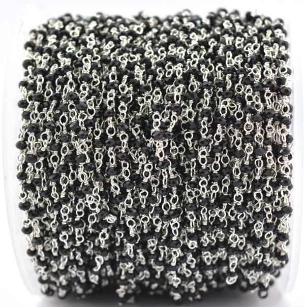 925 Sterling Silver Gold  Rosary Chain In Black Spinel, Sold By Foot , 2mm Size