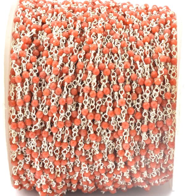 925 Sterling Silver Gold Rosary Chain With Bumbo Coral in Round Shape - 2mm, Sold By foot, ROS2-5087