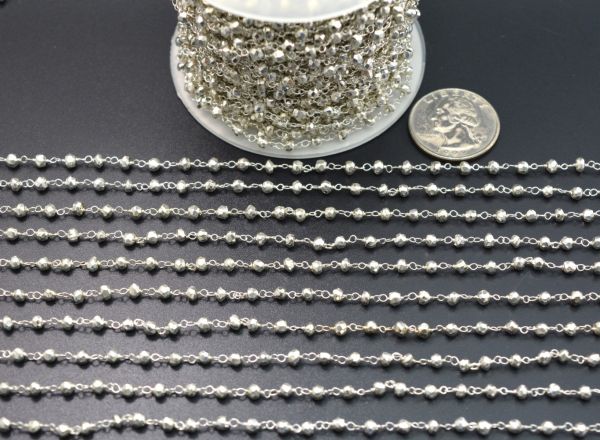 925 Sterling Silver Gold Rosary Chain Studded With Pyrite Coated in 2mm Size - Sold By Foot, ROS2-5237