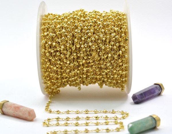 925 Sterling Silver Gold Rosary Chain Studded With Pyrite Coated in 2mm Size - Sold By Foot, ROS2-5237