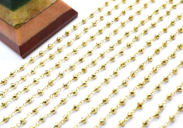 925 Sterling Silver Gold Rosary Chain Studded With Pyrite Coated in 2mm Size - Sold By Foot, ROS2-5237