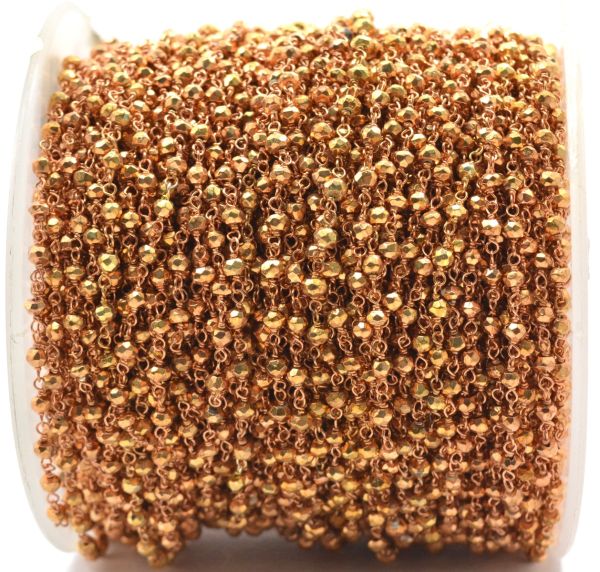 925 Sterling Silver Gold Rosary Chain Studded With Pyrite Coated in 2mm Size - Sold By Foot, ROS2-5237