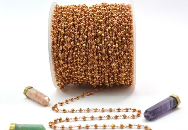 925 Sterling Silver Gold Rosary Chain Studded With Pyrite Coated in 2mm Size - Sold By Foot, ROS2-5237