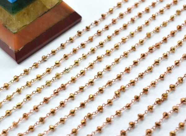 925 Sterling Silver Gold Rosary Chain Studded With Pyrite Coated in 2mm Size - Sold By Foot, ROS2-5237