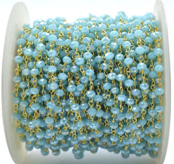 Handcrafted 925 Sterling Silver Gold Roundel Shape Rosary Chain With Aqua Chalcedony Coated Stone - 3mm,Sold By Foot, ROS2-5240