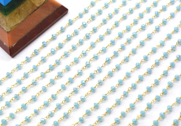 Handcrafted 925 Sterling Silver Gold Roundel Shape Rosary Chain With Aqua Chalcedony Coated Stone - 3mm,Sold By Foot, ROS2-5240