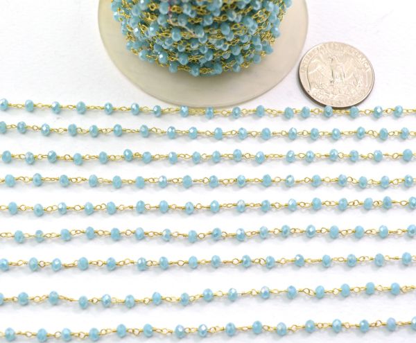 Handcrafted 925 Sterling Silver Gold Roundel Shape Rosary Chain With Aqua Chalcedony Coated Stone - 3mm,Sold By Foot, ROS2-5240