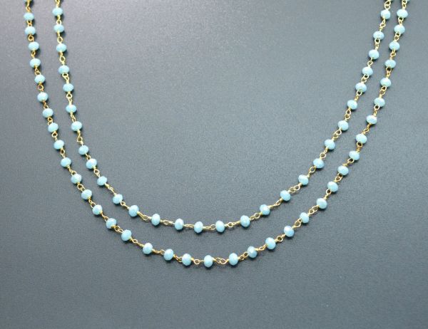 Handcrafted 925 Sterling Silver Gold Roundel Shape Rosary Chain With Aqua Chalcedony Coated Stone - 3mm,Sold By Foot, ROS2-5240