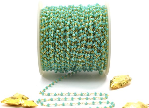 Amazing 925 Sterling Silver Gold Rosary Chain With Amazonite Chalcedony Coated Stone - 3mm, ROS2-5241