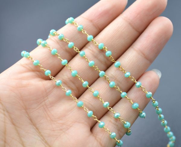 Amazing 925 Sterling Silver Gold Rosary Chain With Amazonite Chalcedony Coated Stone - 3mm, ROS2-5241