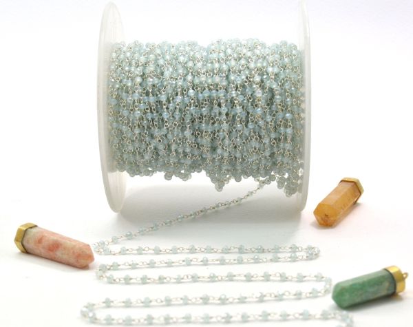 Amazing 925 Sterling Silver Gold Rosary Chain With Amazonite Chalcedony Coated Stone - 3mm, ROS2-5241